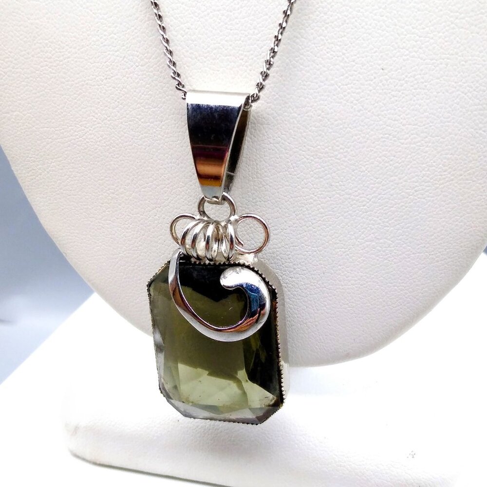 Vintage Rectangular Green Glass Pendant Necklace with Silver Tone Chain and Face